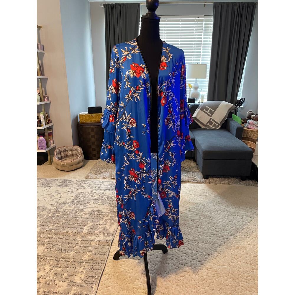 Lobo Rosa Blue Floral Maxi Kimono Duster M Double Flutter Sleeve Ruffle Hem Boho - Picture 2 of 7